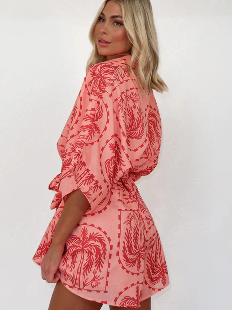 2024 Women Summer Printed Playsuits Fashion Outfits Ladies SIngle Breasted Half Sleeve Loose Rompers For Women Casual Playsuits