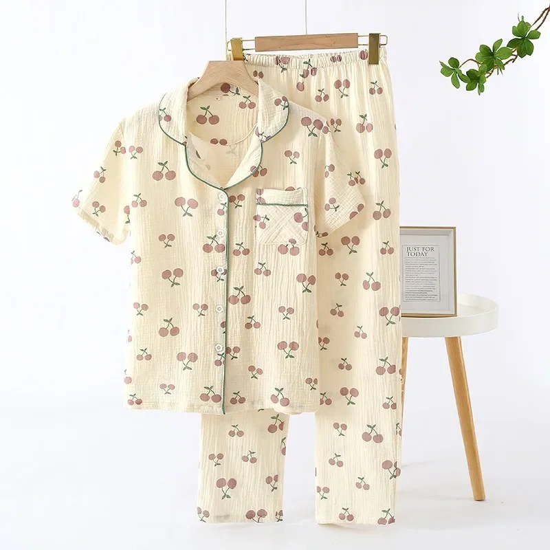 

2023 New Spring And Summer Pajamas Two-piece 100% Cotton Crepe Women's Short-Sleeved Trousers Home Service Suit Cute And Sweet