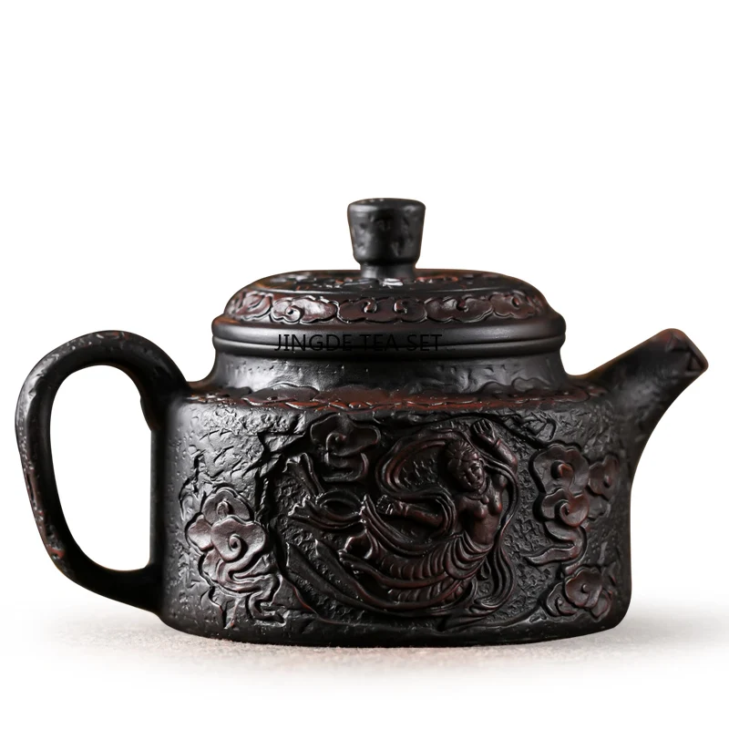 200ML Purple Pottery Carving Teapot Hand drawn Antique Relief Teapot Home Kung Fu Teapot Tea Pot