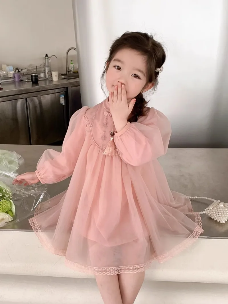 

New Girls One Piece Dress Spring Autumn Full Sleeve Soft Fashion Sweet Gauze Lovely Fashion Outdoor Unhooded