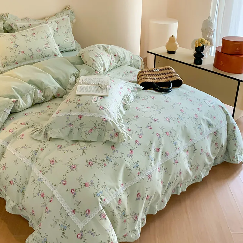 100% Cotton Spring Garden Flowers Botanical Chic Ruffles Soft Comfortable Double Queen (1Duvet Cover+1Bed Sheet+2Pillowcases) 2