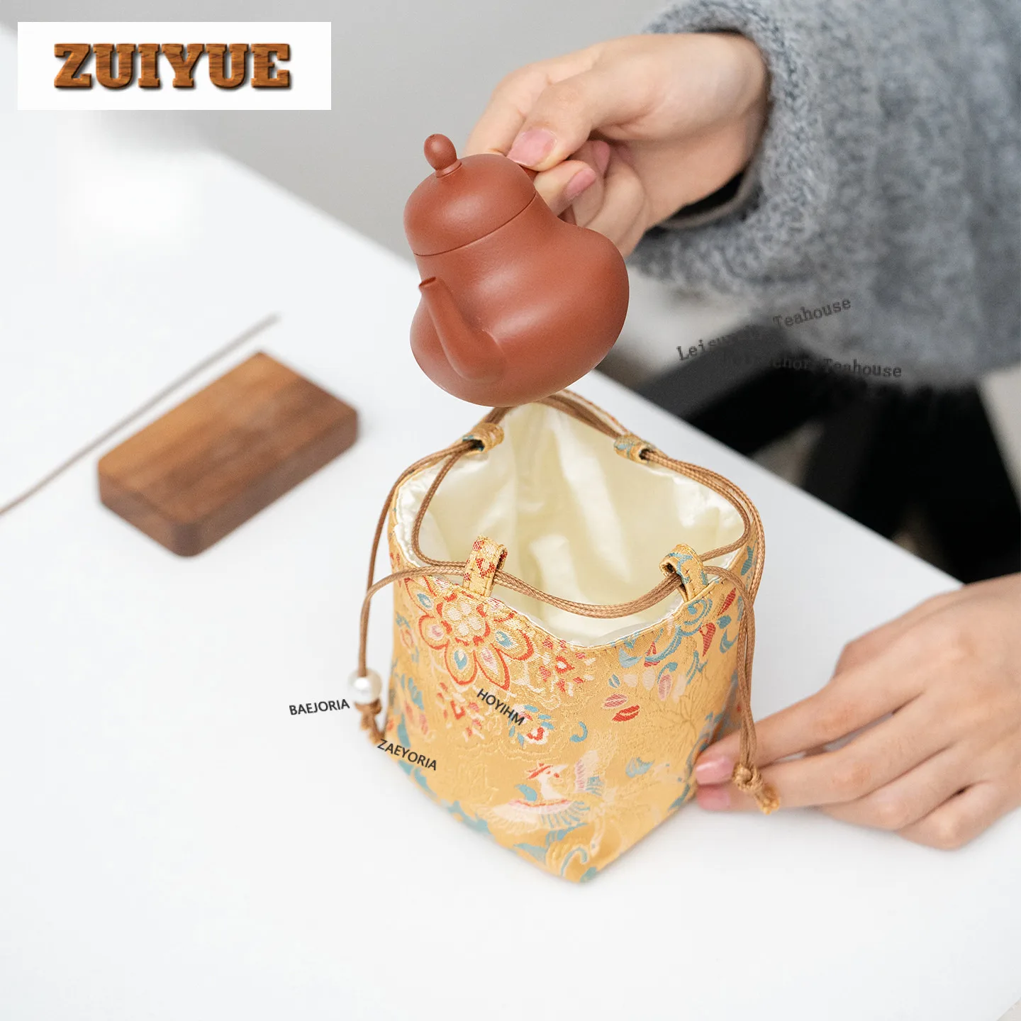 바오샹 꽃무늬 브로케이드 천 차 보온 커버, 젠 차 보온 커버, 찻주전자 핸드백, 여행용 차 세트 가방, 식기류 액세서리 장식
