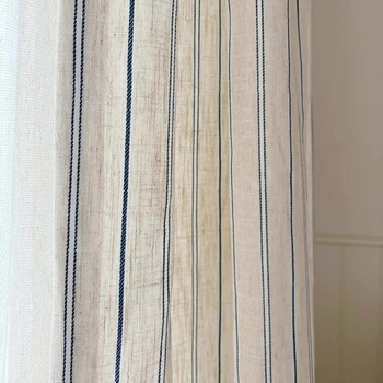 French Medieval Linen Cream & Blue Striped Gauze Curtain 1