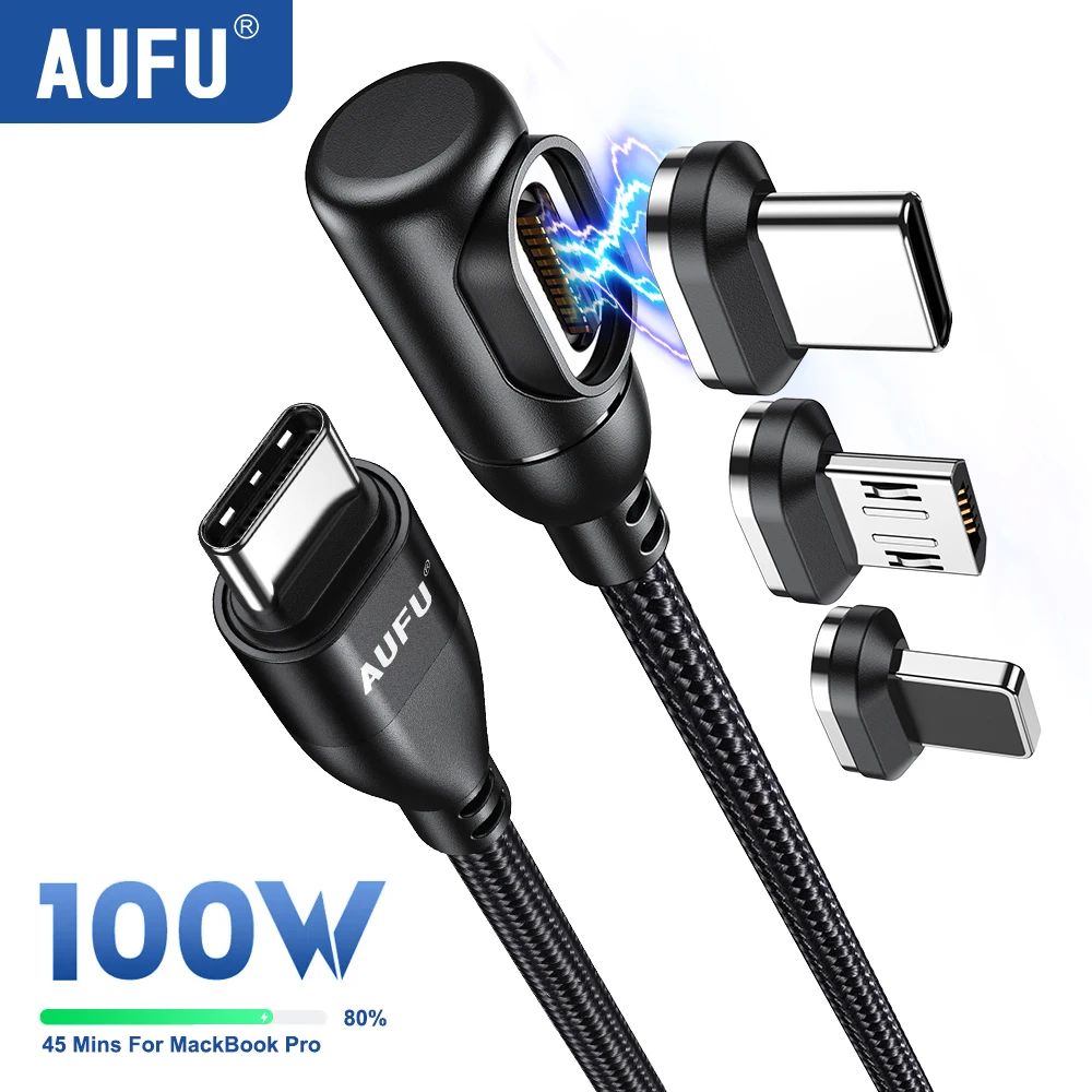 Магнитный USB-кабель AUFU типа C на колено, 100 Вт/5 А PD, провод для быстрой зарядки для Samsung, Macbook, ПК, Micro USB, шнур для передачи данных для iPhone, Xiaomi