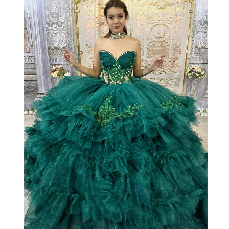 

Emerald Green Off-Shoulder Ball Gown Princess Quinceanera Dress Bead Appliques Tiered Glitter Tulle Vestidos De Birthday Party