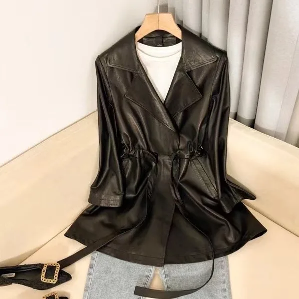 

New Genuine Leather Sheepskin Leather Clothes For Women Full Plant Tanning Mid Length Black Style Casual Versatile