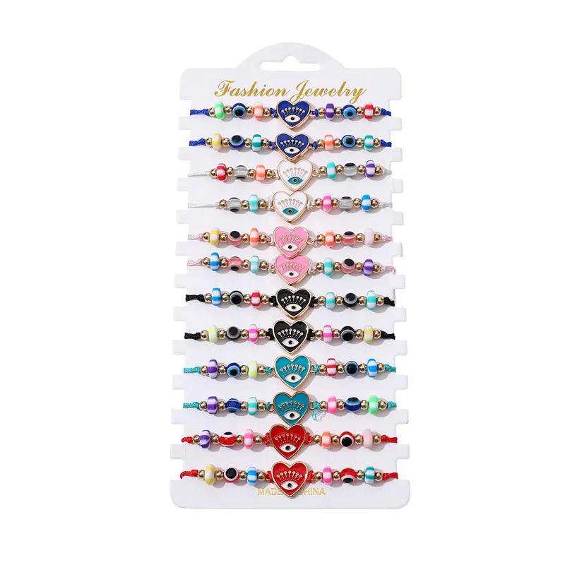 12Pcs/lot Enamel Eyes Heart Charm Braided Bracelet Set Eyes Resin Beaded for Women Girl Adjustable Rope Bracelet Jewelry Gifts