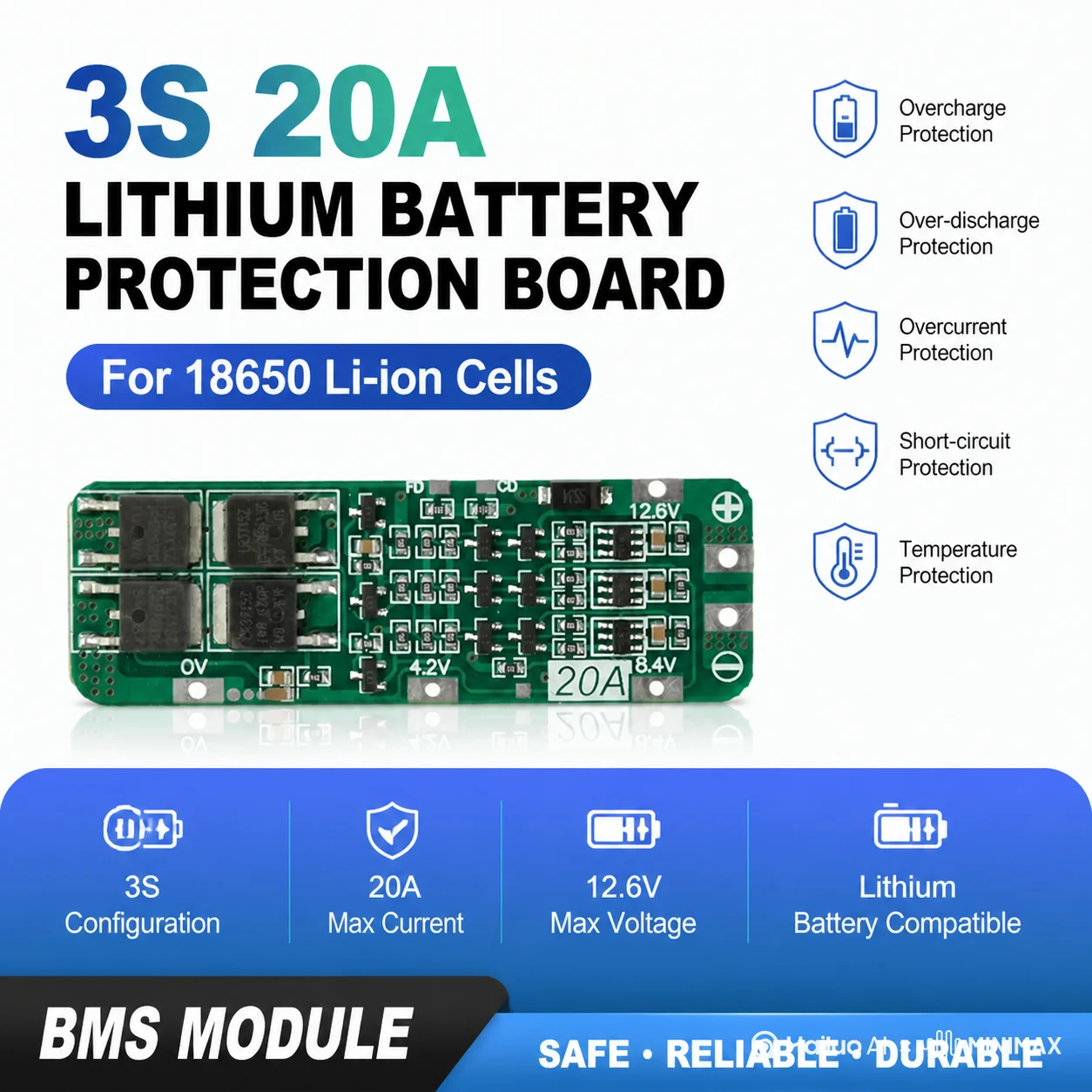 18650 리튬 이온 배터리 셀용 3S 12.6V 20A BMS 보호 보드 과충전 과전류 단락 보호