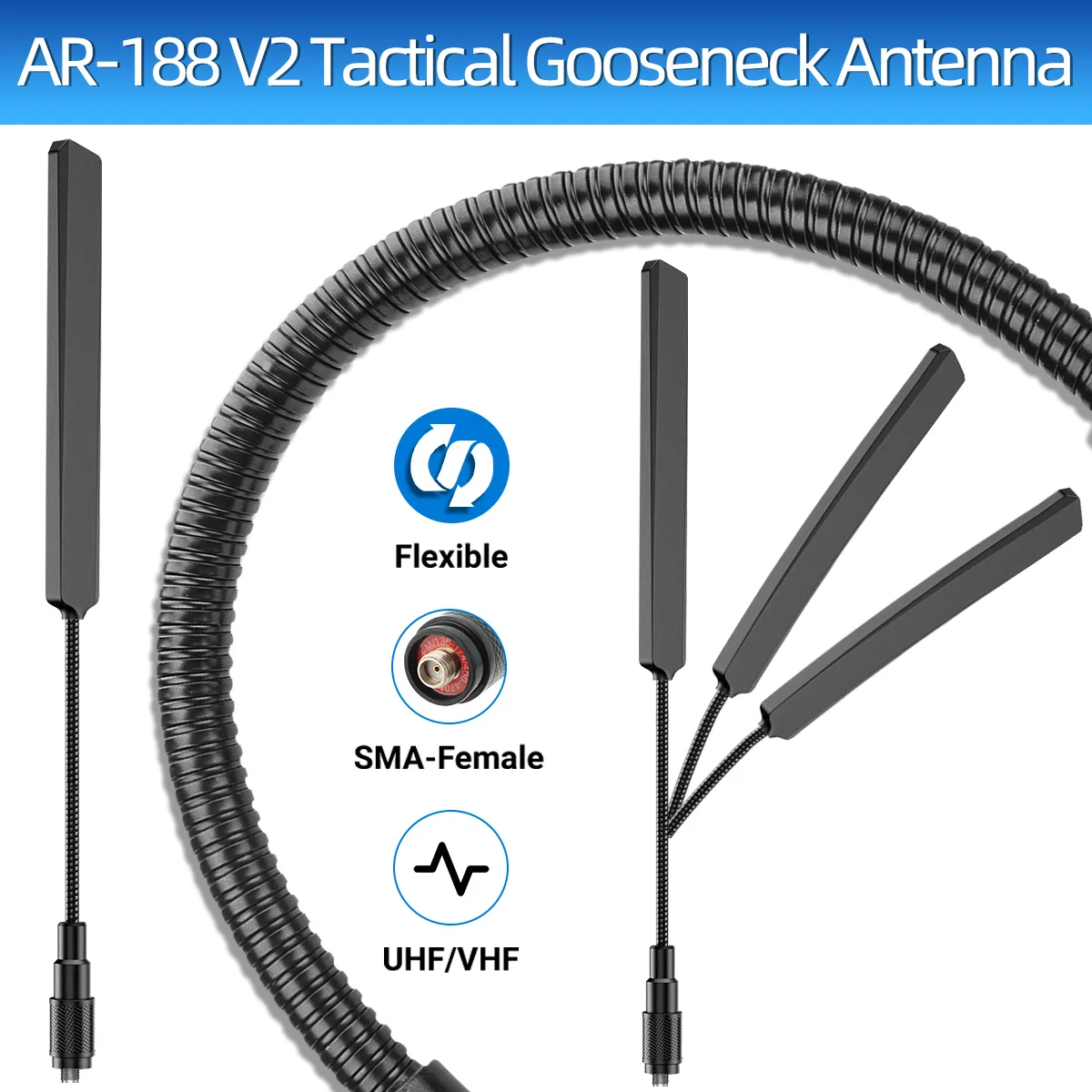 ABBREE AR-188 V2 구즈넥 전술 안테나 SMA-여성형 VHF UHF (바오펑 UV-5R UV-5R MINI UV-5RH UV-21 PRO UV-32 무전기용)