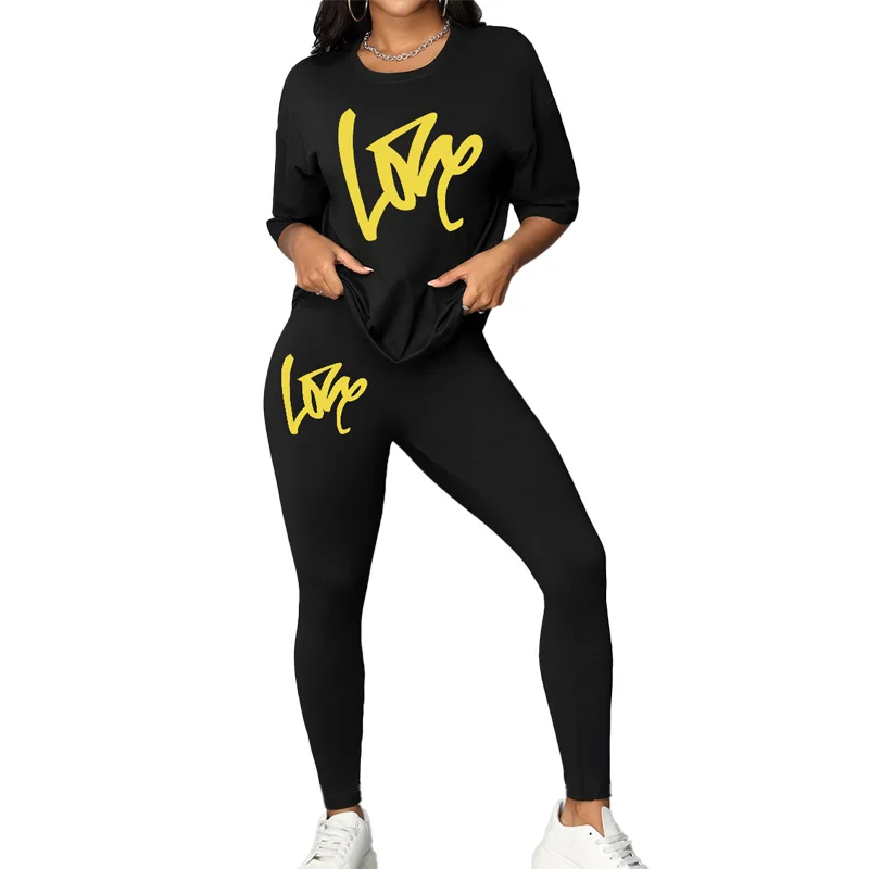 Summer yellow letter-print loose casual T-shirt leggings two-piece set