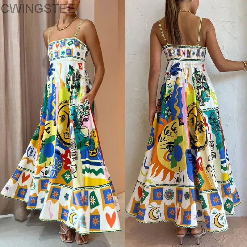 

Elegant Print Colorful Maxi Dress Women High Waist Spaghetti Straps Backless Sexy A-line Ladies Dress Summer Beach Vacation Robe