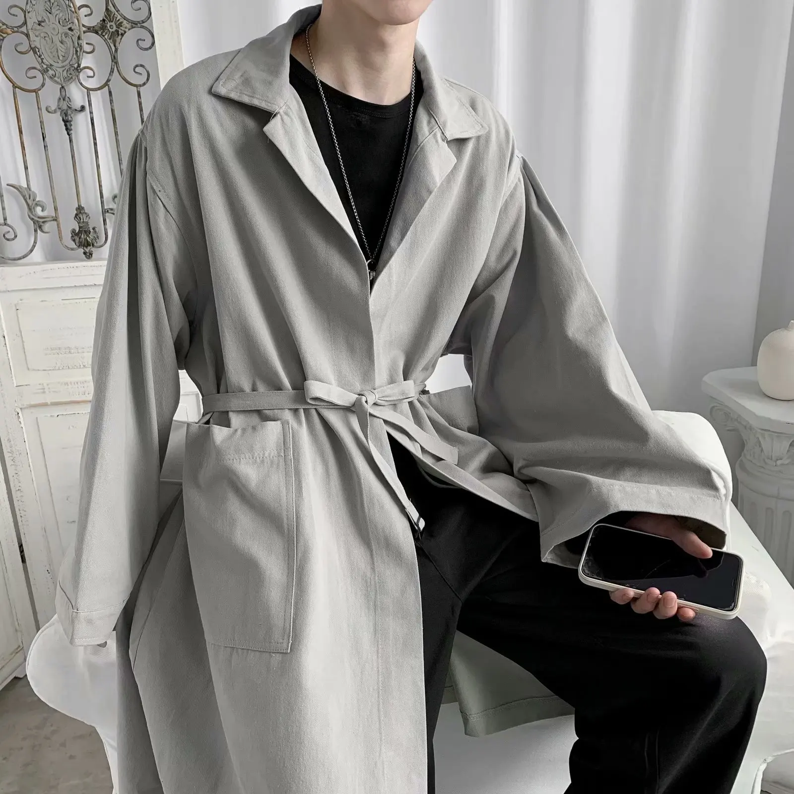 Trench Men Loose Solid Coats All-match Casual Handsome Turn-down Collar Tops Hong Kong Style Design Sashes Male Chic