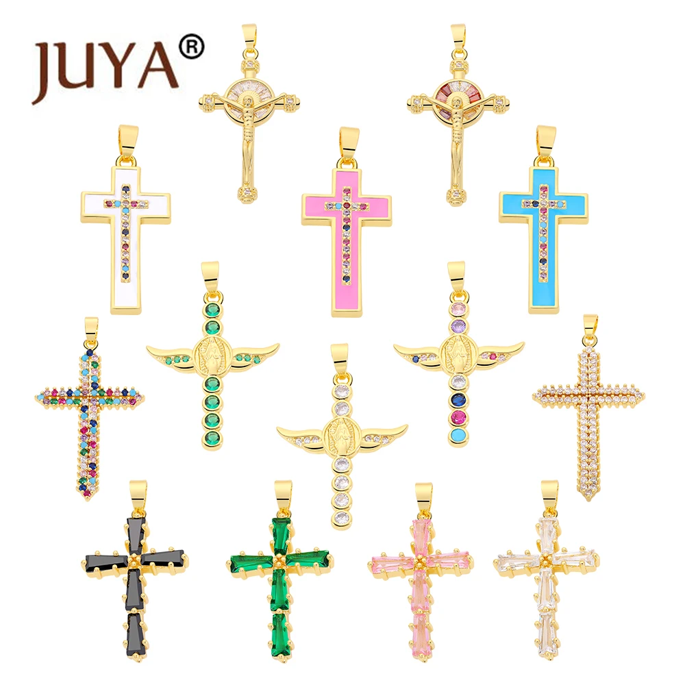 

JUYA New In Classic Retro Wings Cross Pendant Drip Oil Inlaid Diamond Jesus Mary Cross Necklace Bracelet Jewelry DIY Accessories