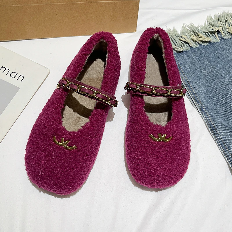 Aphixta Metal Chain Dec Slip On Flats Soft Fleeces Shoe Shallow Furry Flat With Women Loafers  Slip On Warm Winter Casual Shoes