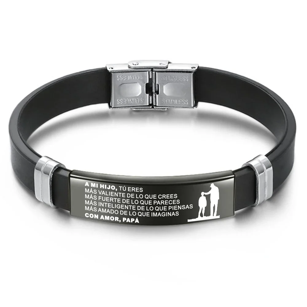 Espa&ntilde;ol Spanish To My Son Hijo From Daddy Pap&aacute; Hand-Woven Retro Bracelet Laser Leather Stainless Steel Bracelets