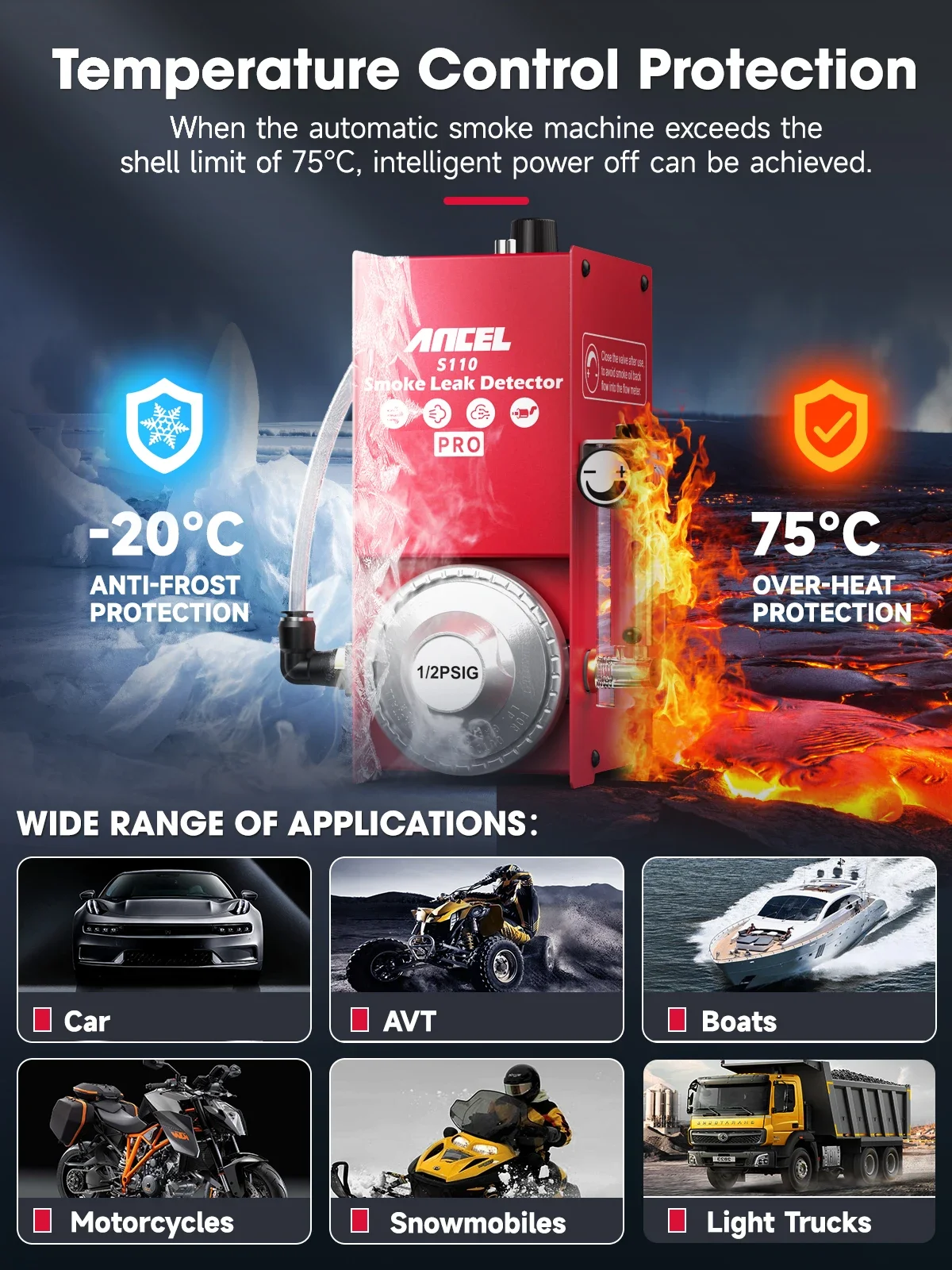 Image d'un détecteur de fuite de fumée ANCEL S110 PRO avec protection contre le gel et la surchauffe. Protège jusqu'à -20°C contre le gel et s'éteint intelligemment à 75°C pour éviter la surchauffe. Applications pour voitures, véhicules tout-terrain (AVT), bateaux, motos, motoneiges et camions légers.