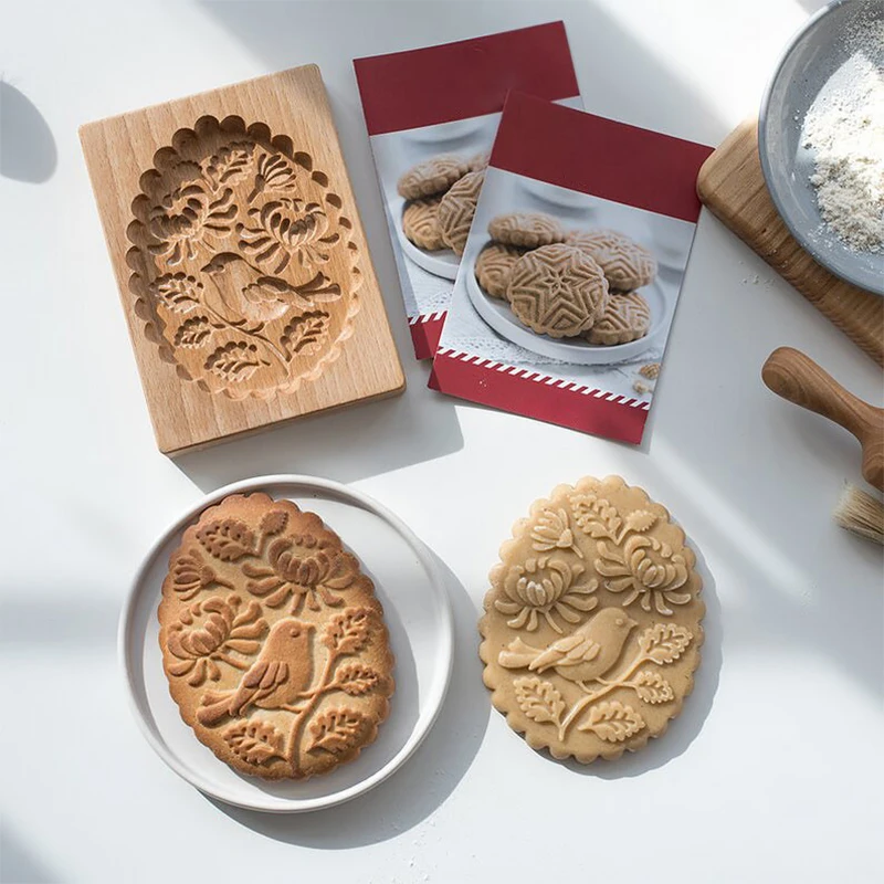 Wood Cookie Mold Flower Animals Patterns 3D Carved Biscuit Cutter Baking Tools