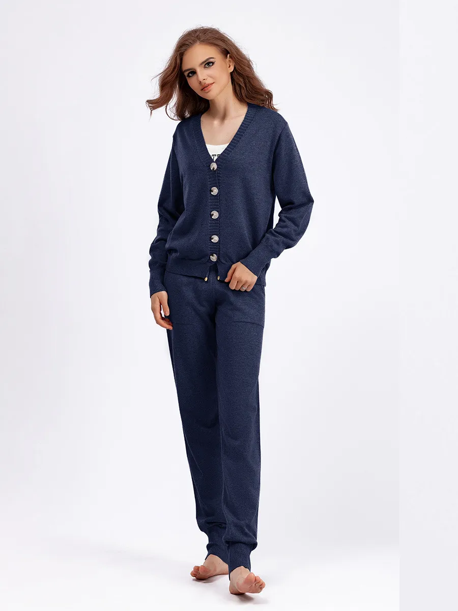 

Women Knitting 2 Pieces Sweater Suit V-neck Single Breasted Cardigan + Harem Pants Lady Autumn Winter Sweater Set 2PCS Tracksuit