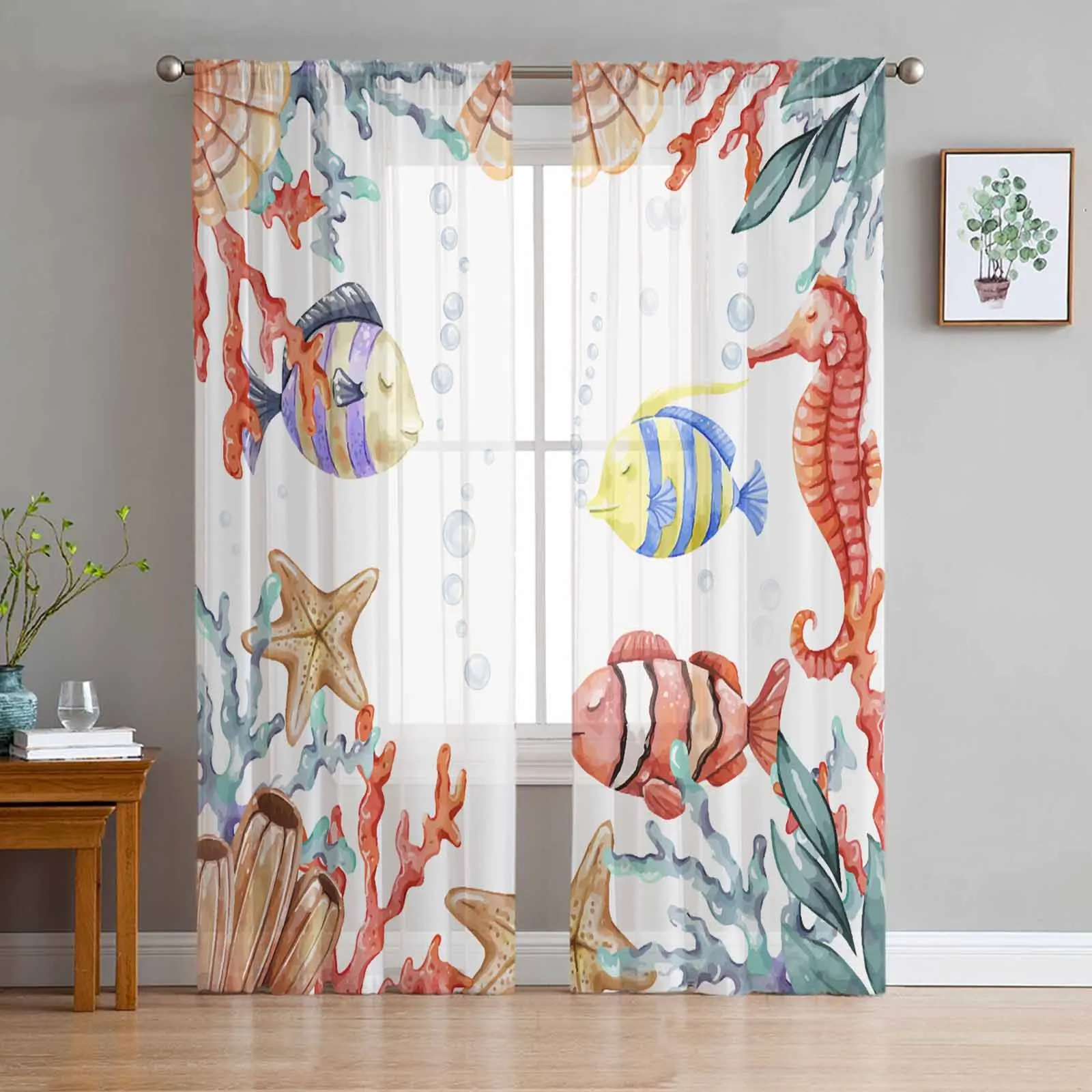 

Ocean Coral Fish Watercolor Tulle Curtains for Living Room Sheer Curtain for Bedroom Kitchen Blinds Voile Curtains