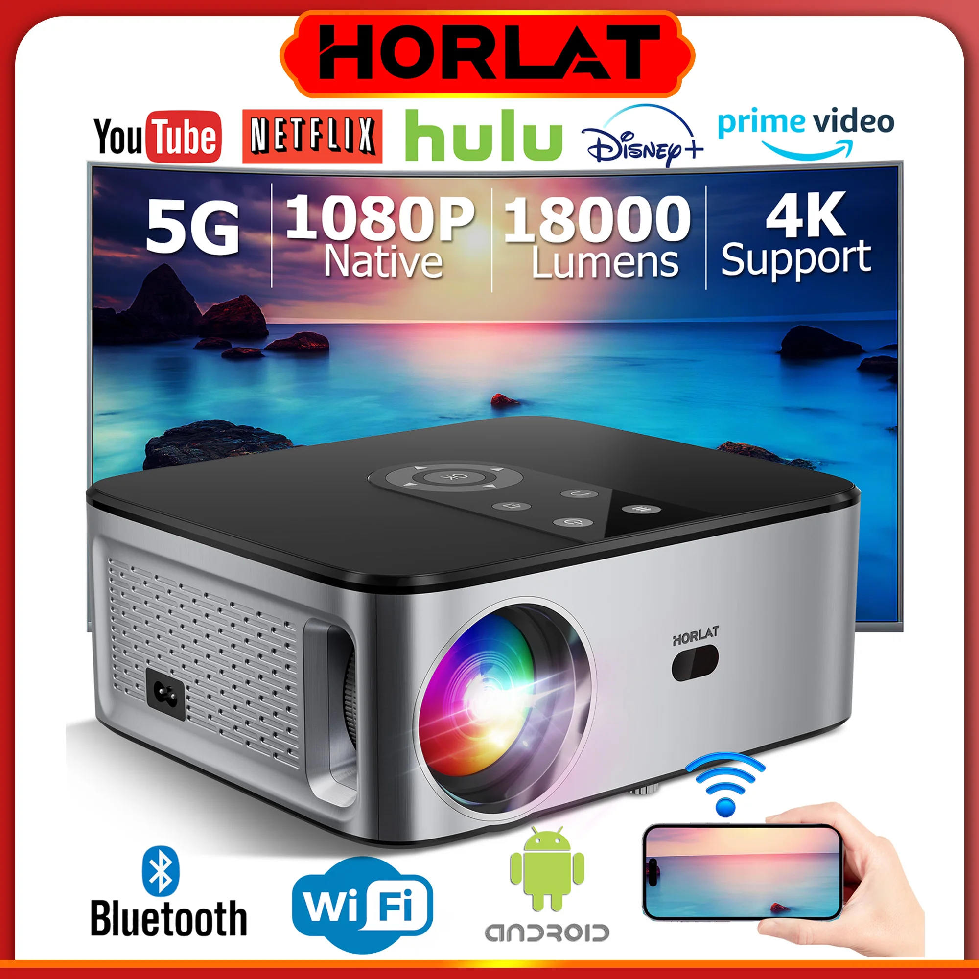 Proiettore Horlat 4K Android TV | 28000 Lumen Full HD Con Netflix E WiFi 6G