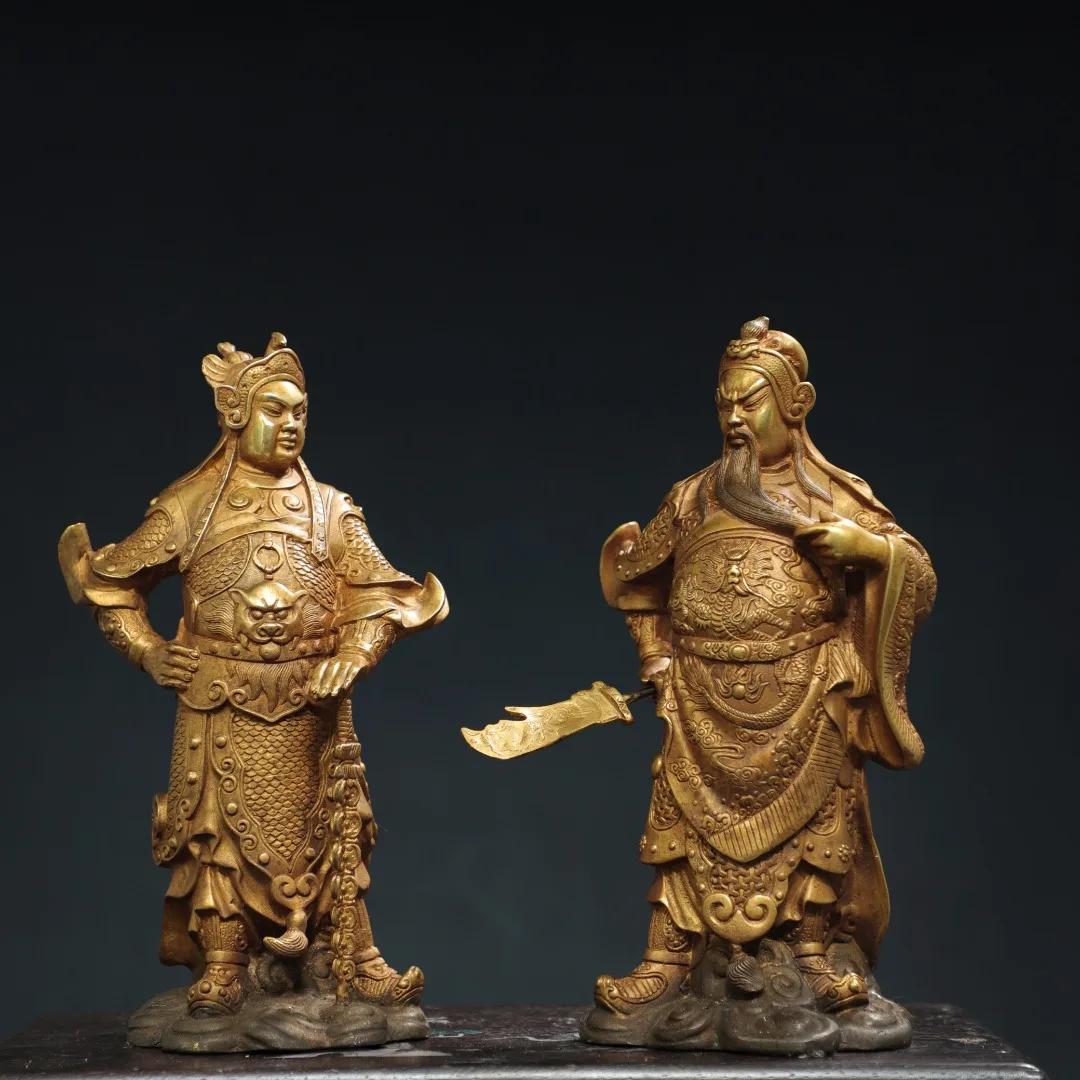 

10"Tibetan Temple Collection Old Bronze Gilding Cinnabar Guan Yu Veda A pair patron saint Door God Worship Hall Town house