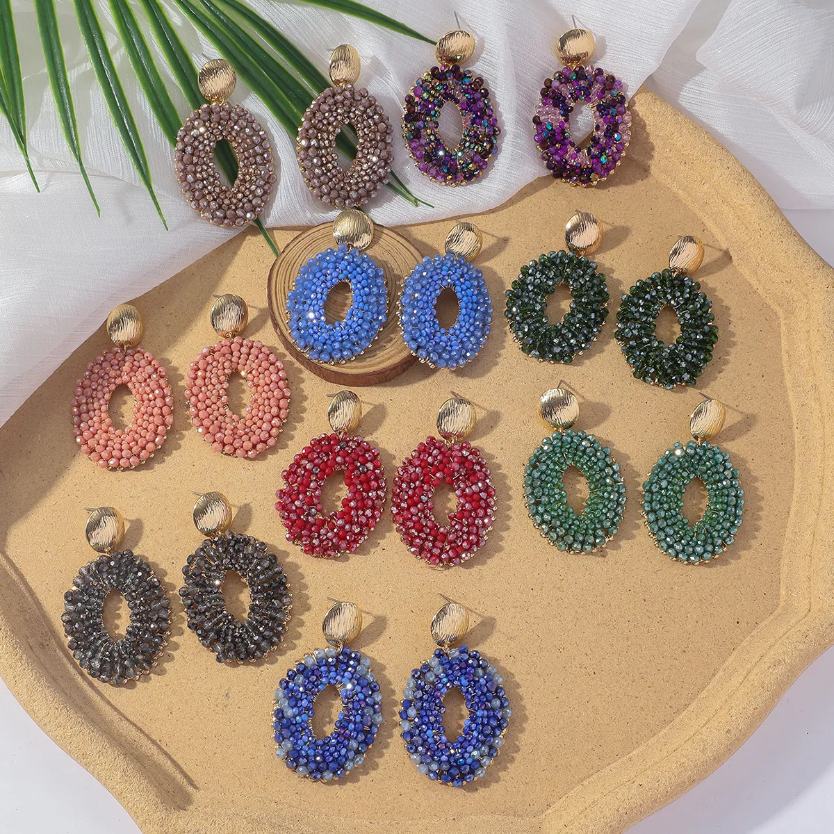 Bohemain Vintage Oval Crystal Beaded Drop Earrings for Women Handmade Multicolor Big Statement Earring Summer Party Jewelry Gift