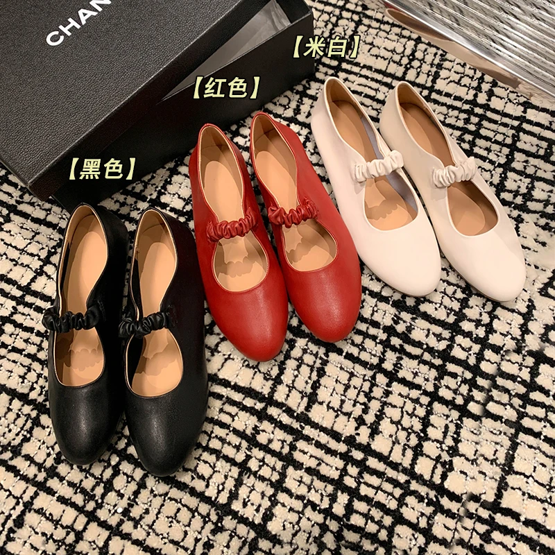 

2023spring women pumps natural leather 22-24.5cm length cowhide+pigskin full leather Elastic Buckle Mary Jane shoes Thick heeled