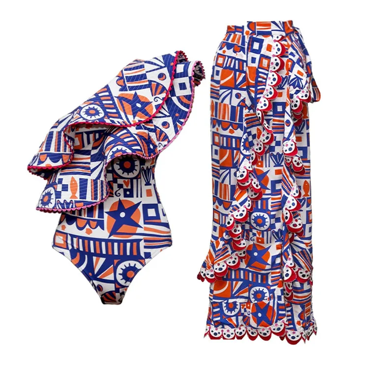 

2023 Sexy Ruffle One Shoulder Swimsuit Women Color Block Swimwear Push Up Bathing Suit Monokini sarong