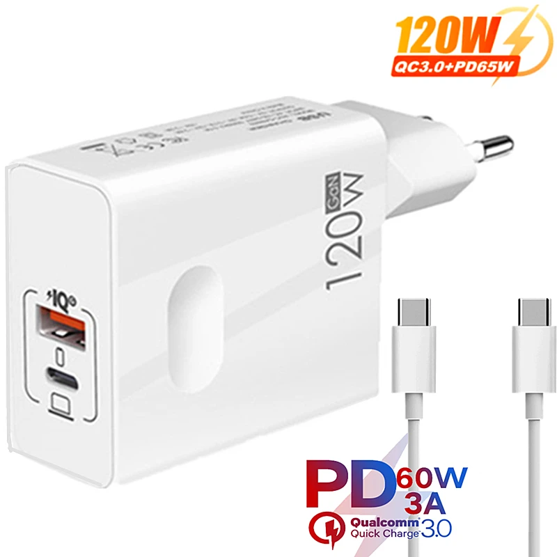 Cargador USB C 120W Gan PD súper rápido para tabletas portátiles iPhone 15 iPad Macbook OPPO Samsung Xiaomi adaptador de carga rápida USB