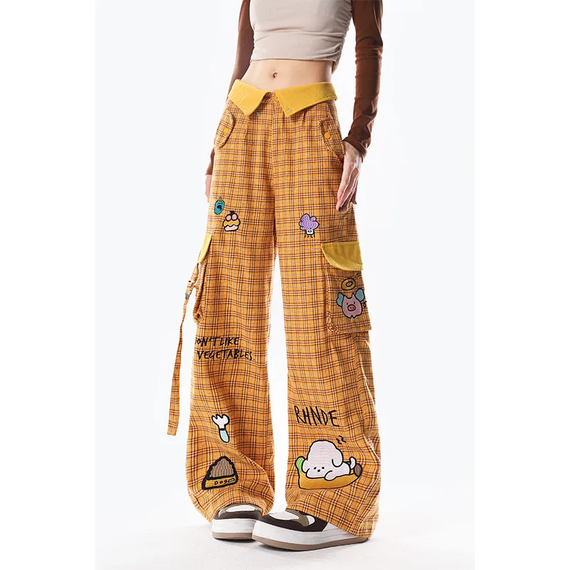 Embroidery Cartoon Sweet Cool Style Checkered Workwear Pants For Women New Casual Versatile Loose Straight Leg