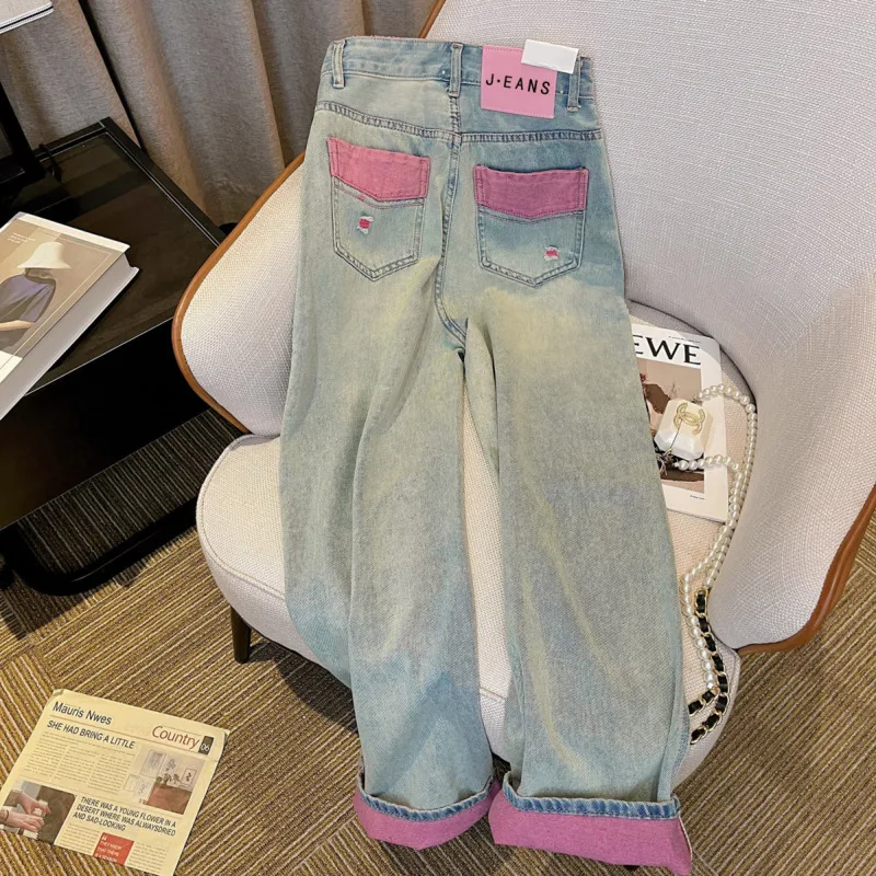 

Y2k Harajuku Women Casual Wide Leg Jeans Hip Hop Broken Hole Denim Trousers Vintage High Waist Straight Cowboy Pants Streetwear