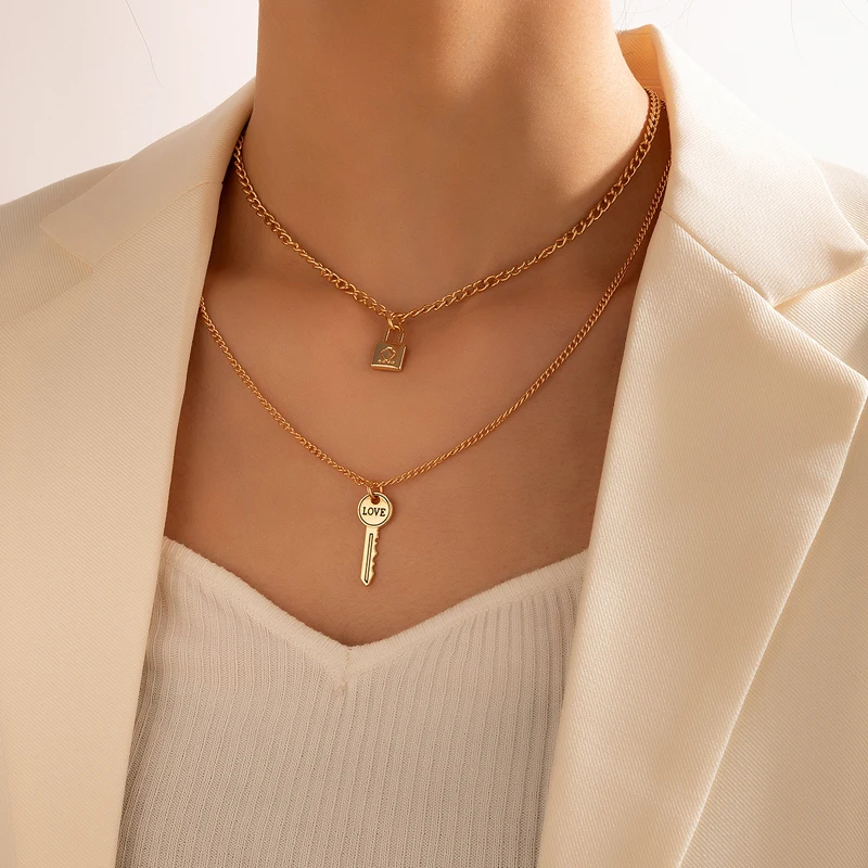 

HuaTang Lovely Simple Key And Lock Pardent Neckalce for Women Charms Double Layer Choker Necklaces Valentine's Day Party Jewelry