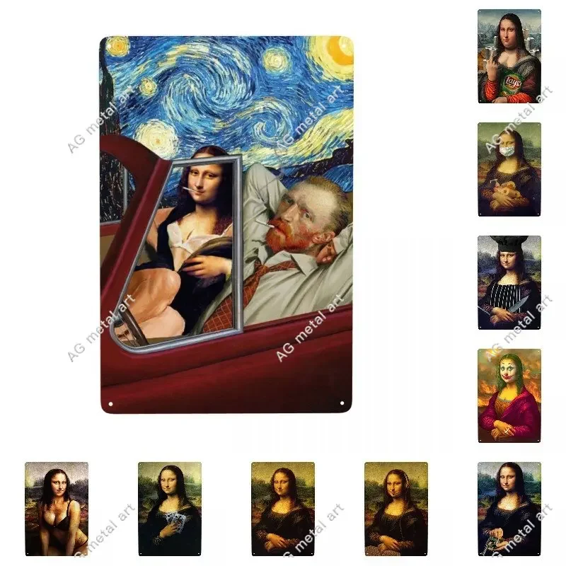 

Funny Mona Lisa with Vincent Van Gogh Art Lovers Oil Painting Metal Sign Personalized Tin Plaques Cafe Wall Decor Decorations
