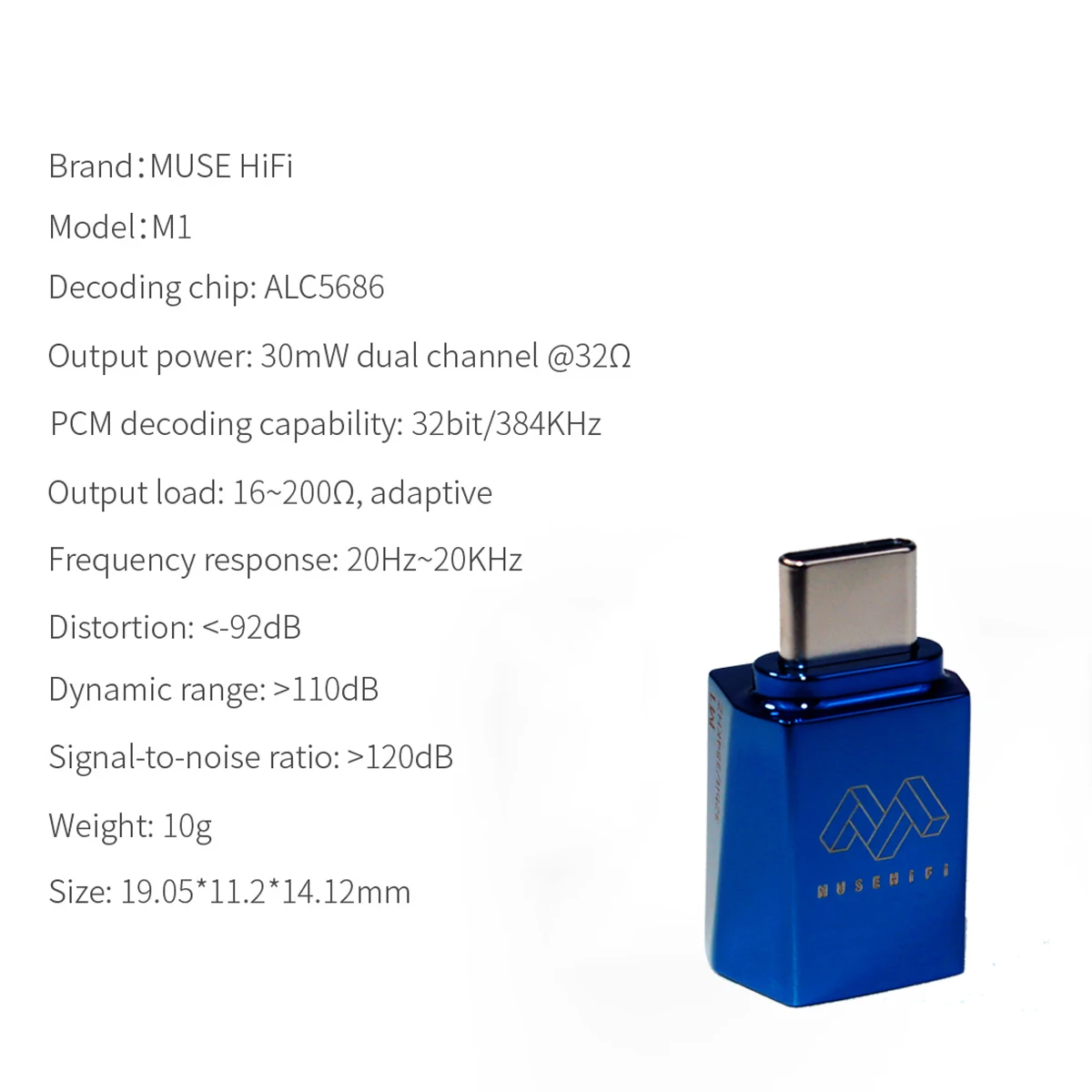 MUSEHIFI M1 Blue 신제품 2023 타입-C 3.5mm 디코딩 앰프/DAC 384kHz/32bit 오디오 어댑터 칩, 7HZ 타임리스 Dioko S12 ATOM2 호환