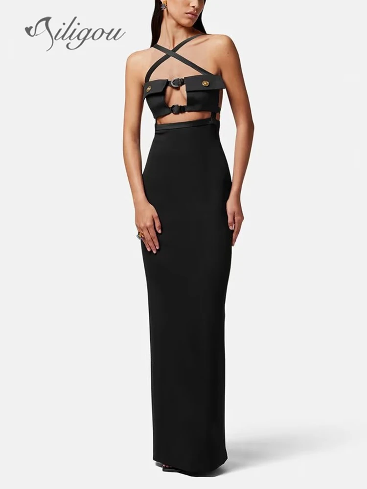 

Женское облегающее платье Ailigou, Черное длинное обтягивающее платье без рукавов, на пуговицах, элегантное вечернее платье знаменитости, Новинка