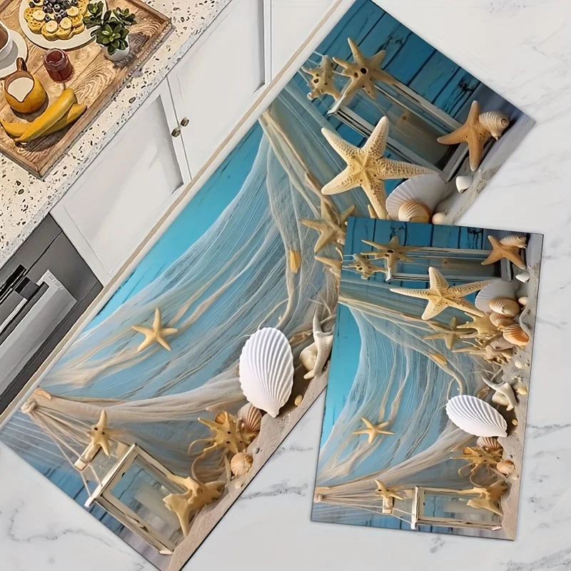 Beach Seashells Starfish Print Kitchen Rugs Balcony Hallway Non-Slip Floor Mat Bath Toilet Doormat Bedroom Bedside Carpets Decor 3