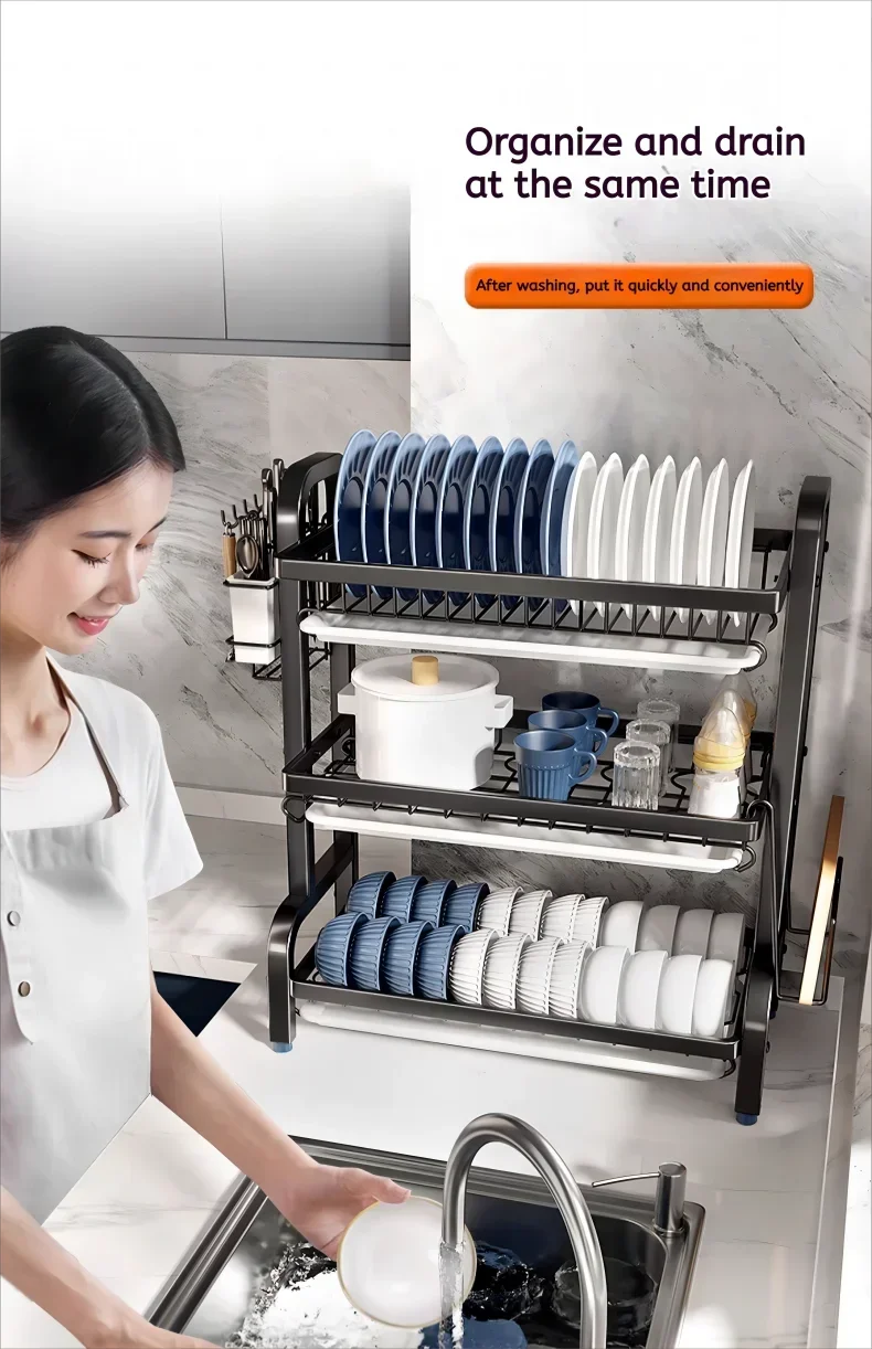 Description Picture 3 of itemDish Drying Rack 2-Tier Compact Kitchen Dish Rack Drainboard Set Large Rust-Proof Dish Drainer with Utensil Holder