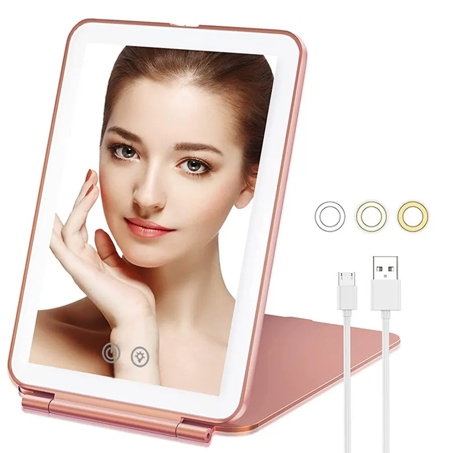 thumbnail image 1 of Espejo cosmético plegable LED con lámpara Espejo plano recargable Espejo de maquillaje plegable portátil en ambos lados, 1 of 5