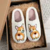 Corgi Pet Pattern Embroidered Plush Home Thick-Soled Comfortable Woolen Cotton Slippers Cute Warm Non-Slip Indoor Slippers Pet Mom Gift Dog Lovers Men and Women Can Wear 1
