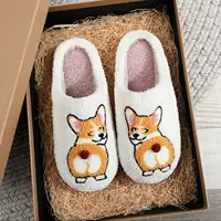 Corgi Pet Pattern Embroidered Plush Home Thick-Soled Comfortable Woolen Cotton Slippers Cute Warm Non-Slip Indoor Slippers Pet Mom Gift Dog Lovers Men and Women Can Wear 1