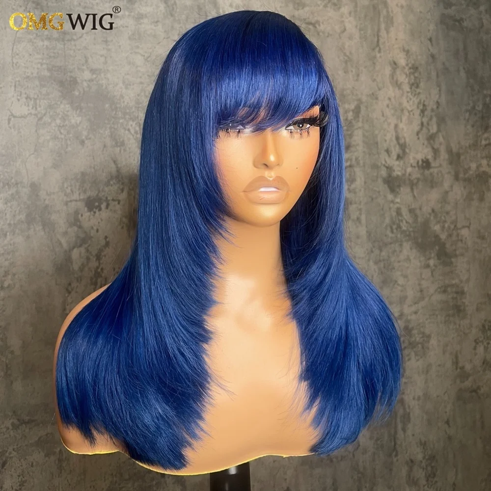 360 Wear & Go Bangs and Layers On Both Sides Human Hair Wig 5x7/4x4 Glueless Straight Wig for Black Women Brazilian Brown Blue