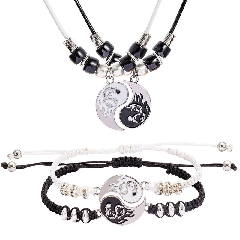 Fashion Jewelry Paired Pendants Necklace for Couples BFF Tai Chi Yin Yang Dragon Pattern Chain White Black Friendship Necklaces Bracelet Jewelry