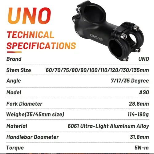 UNO MTB Bike Stem -7 17 35 Degree Ultralight Aluminum Alloy 31.8mm 60 70 80 90 100 110 120 130mm Road Bicycle Stem King Alloy - Image 2