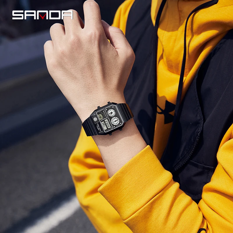 SANDA 3192 LED Electronic Square Watch for Men Hot-selling Casual Multi-function Thermometer Stopwatch Chronograph Mens Watches