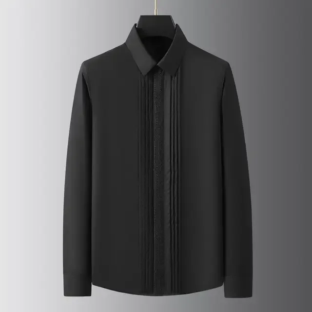 Minglu Cotton Men's Shirts High Quality Embroidery Covered Button Long Sleeve Solid Color Casual Party Male Dress Shirts 4XL