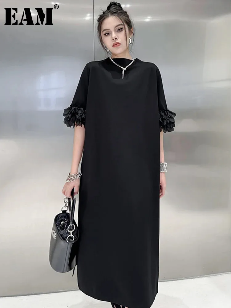 

Женское платье с рюшами EAM, черное Сетчатое платье средней длины с круглым вырезом и коротким рукавом, большие размеры, весна-лето 2024