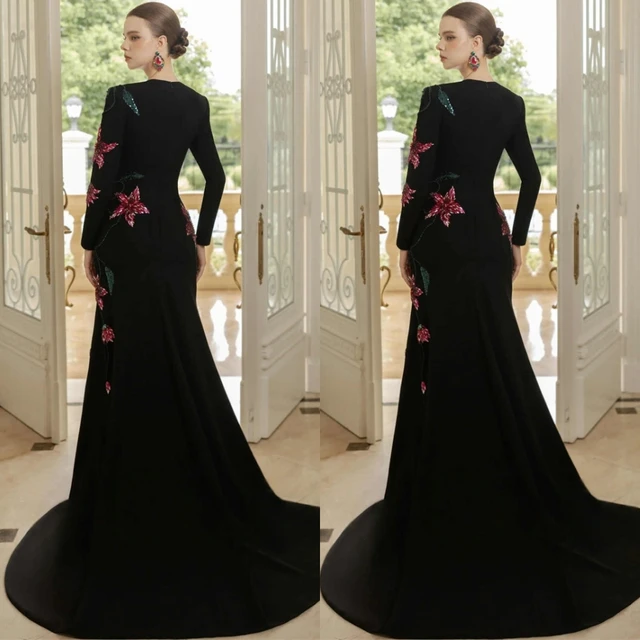 Customized Elegant Mermaid Jersey Evening Dress Exquisite Flowers Prom Dresses Temperament Long Sleeves Special Occasion Gowns 1
