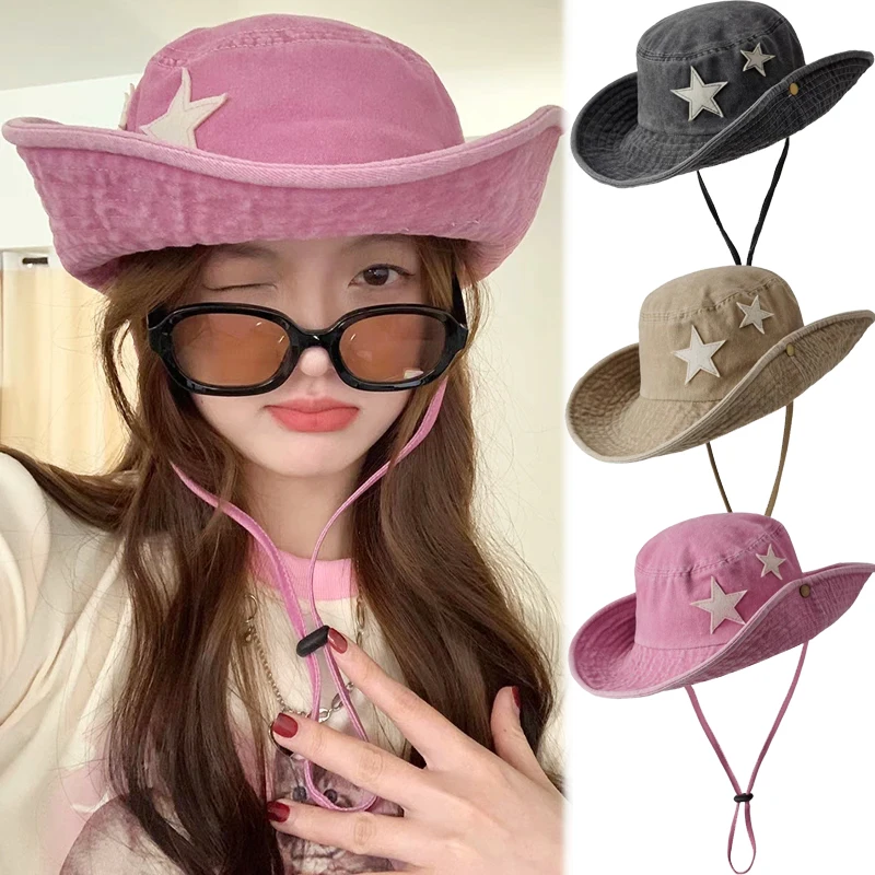 Hot Sale Punk Stars Bucket New Summer Y2K Star Pink Retro Big Brim Outdoors Sun Protection Girl Cowboy Hat Casual Jazz Cap_senzul.com