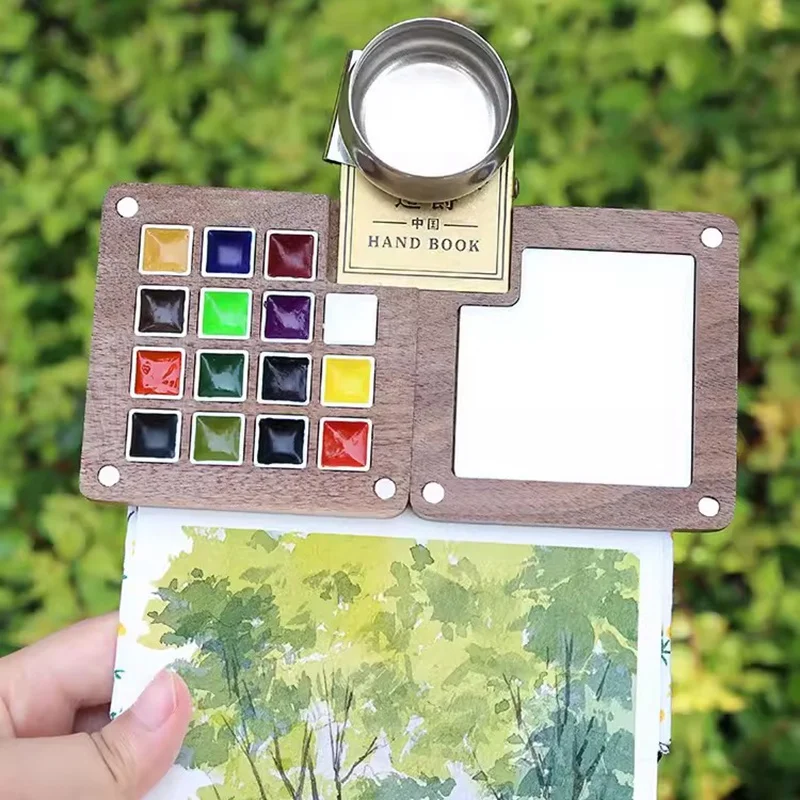 Walnut Empty Watercolor Paint Box Storage Mini Portable Wooden Professional Paint Palette Tray Art Painting Supplies