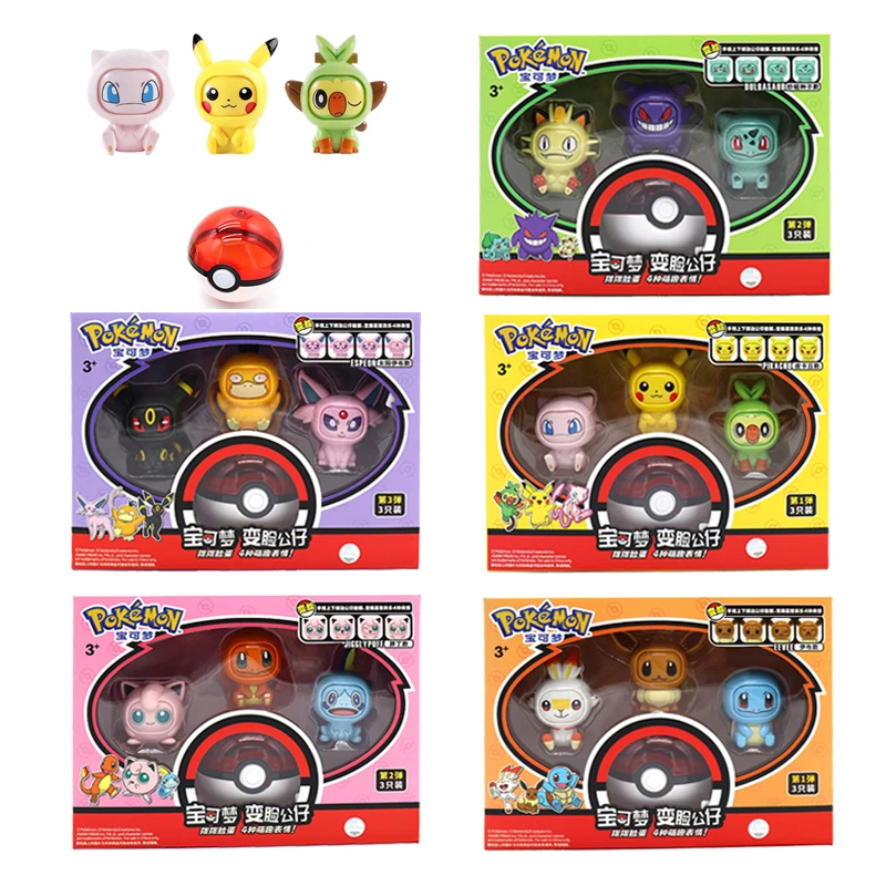 Genuine Pokemon Anime Toy Pikachu Eevee Gengar Mewtwo Action Figure Face-Change Doll Elf Ball Bulbasaur Pokeball Model Set Toy